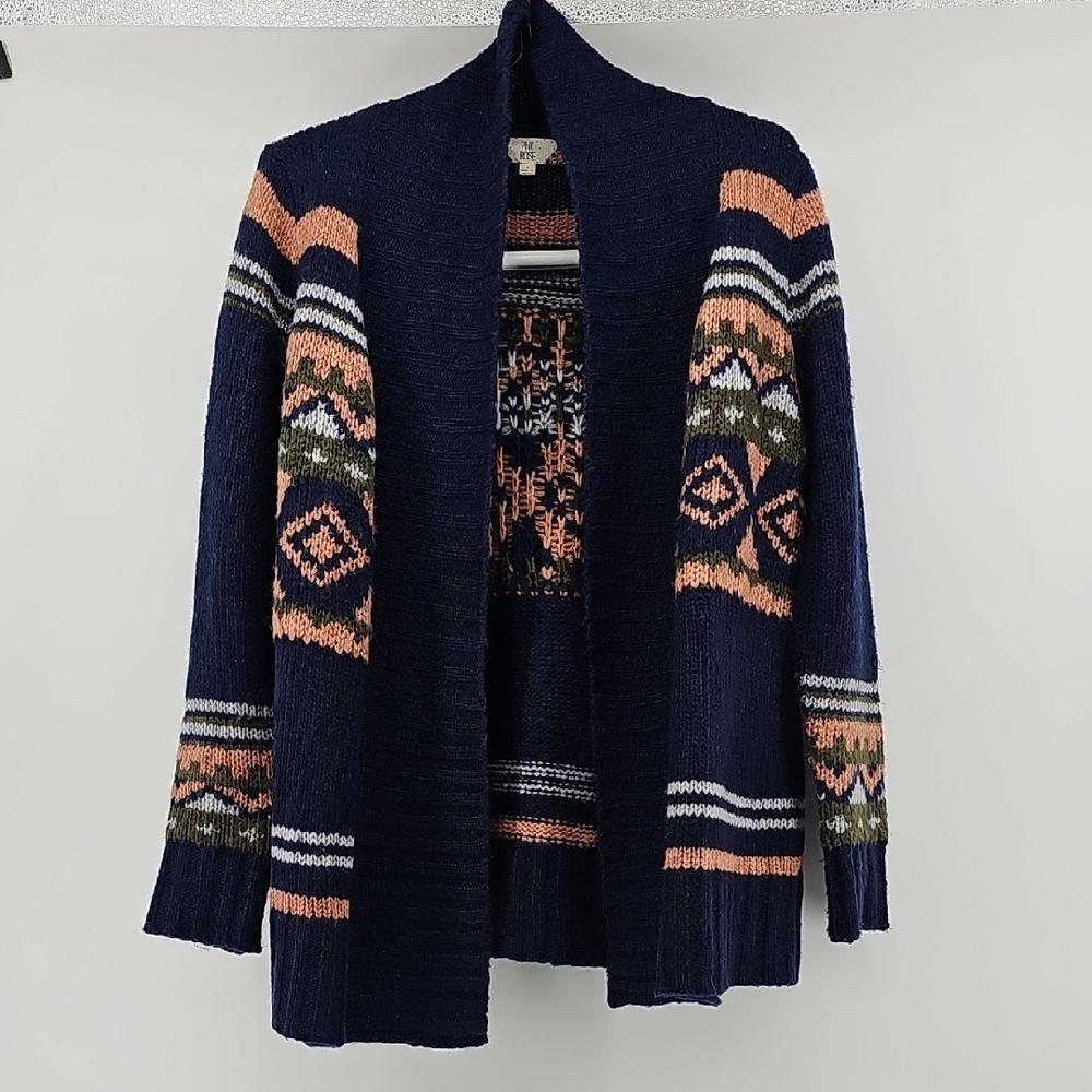 Pink Rose Navy Blue Fair Isle Open Front Cardigan,Boho Knit Longline Sweater (L)